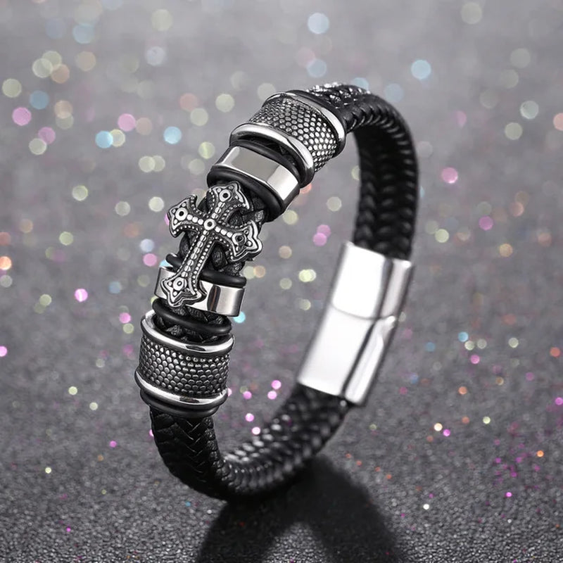 Fashion Religious Christianity Cross Bangles with Charms Chakra Men Classic Punk Leather Bracelet Male Braided Multilayer Bracel