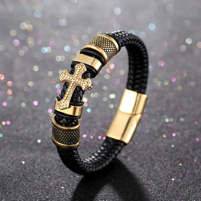 Fashion Religious Christianity Cross Bangles with Charms Chakra Men Classic Punk Leather Bracelet Male Braided Multilayer Bracel