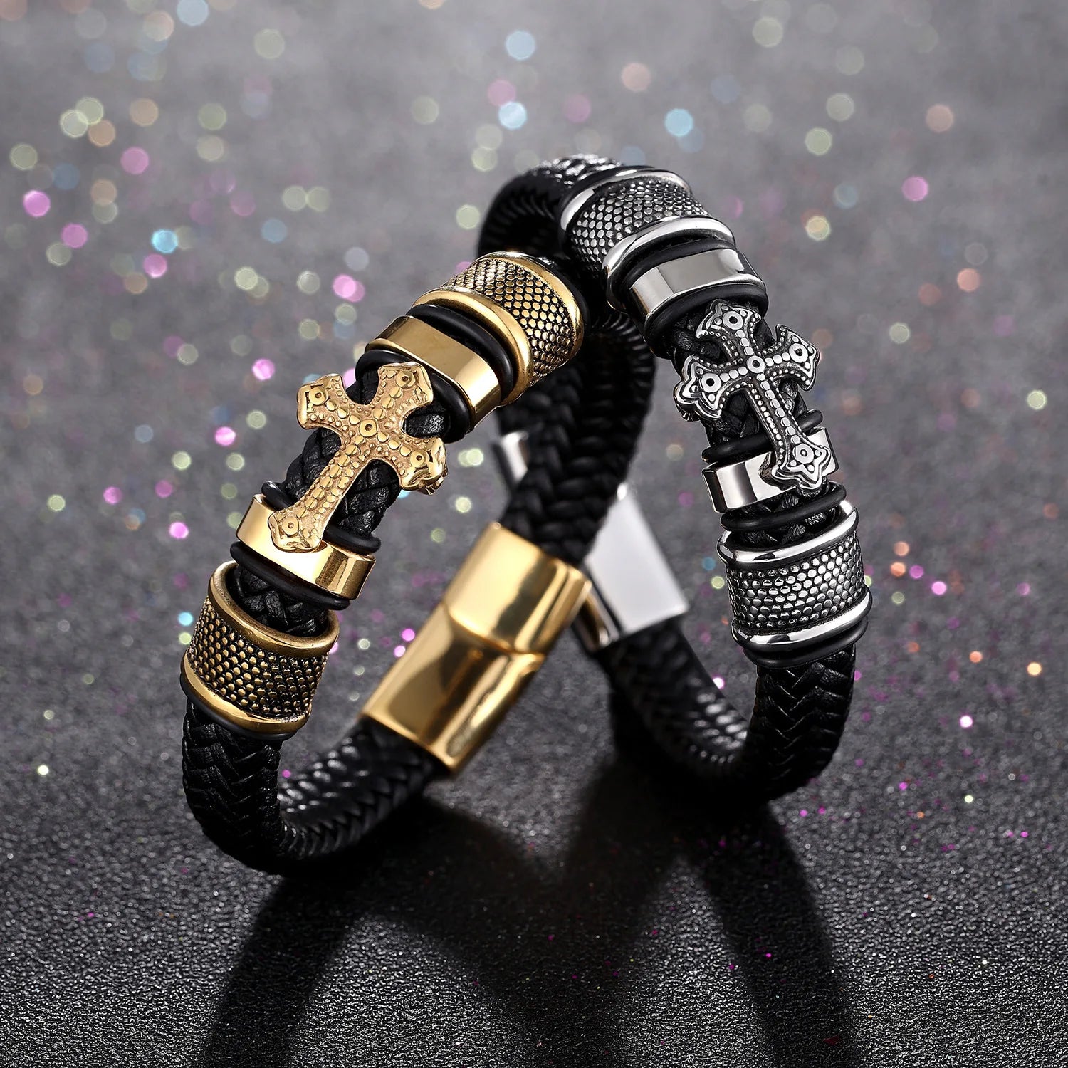 Fashion Religious Christianity Cross Bangles with Charms Chakra Men Classic Punk Leather Bracelet Male Braided Multilayer Bracel